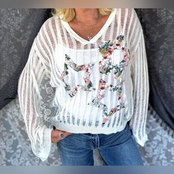 POL Cream V-Neck Sweater with Floral Star Accents - Picture 12 of 12